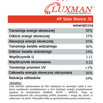Folia przeciwsłoneczna brązowa Luxman HP Solar Bronze 35 - charakterystyki, opis, cena zdjęcie 2
